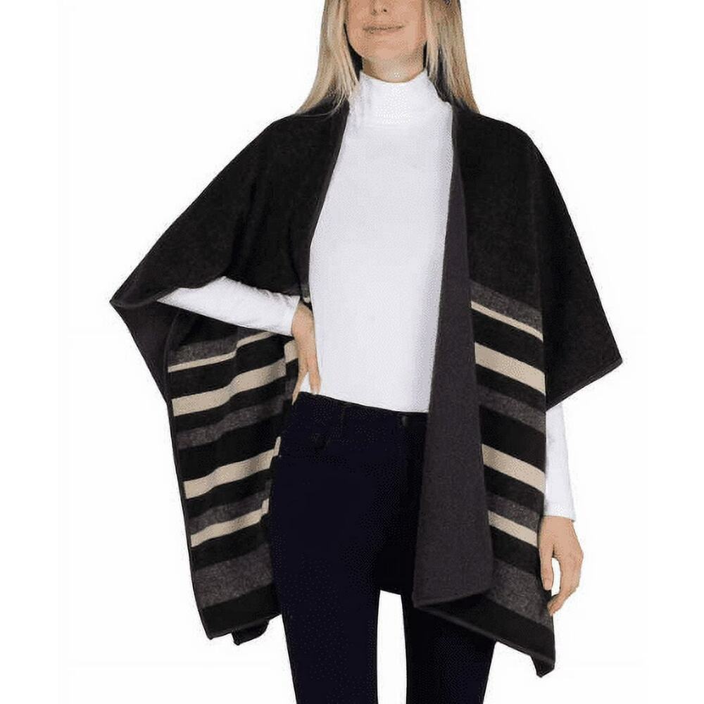 Ike Behar Reversible Wrap Soft Fleece Poncho Shawl Black Tan Stripes OS